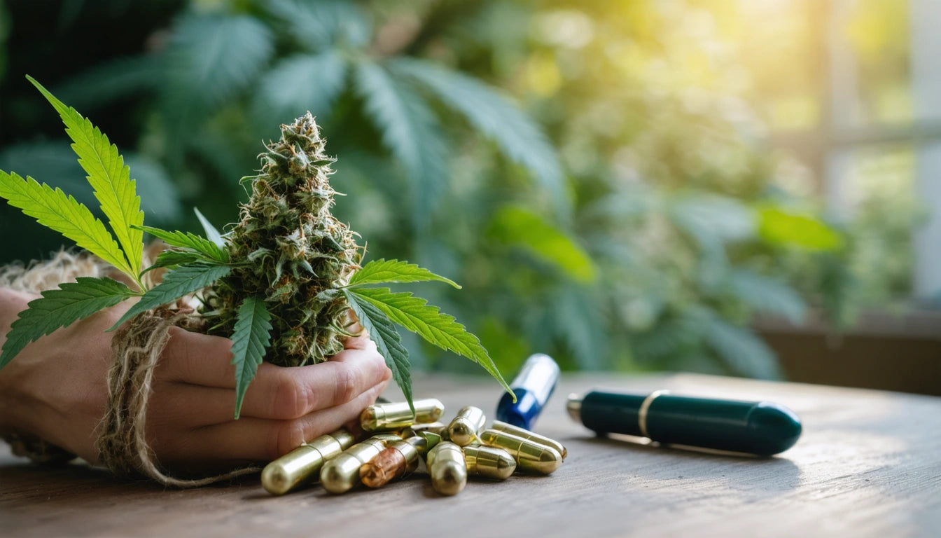 Hand holding cannabis bud, surrounded by capsules on wooden table, with green leaves in background and sunlight filtering through