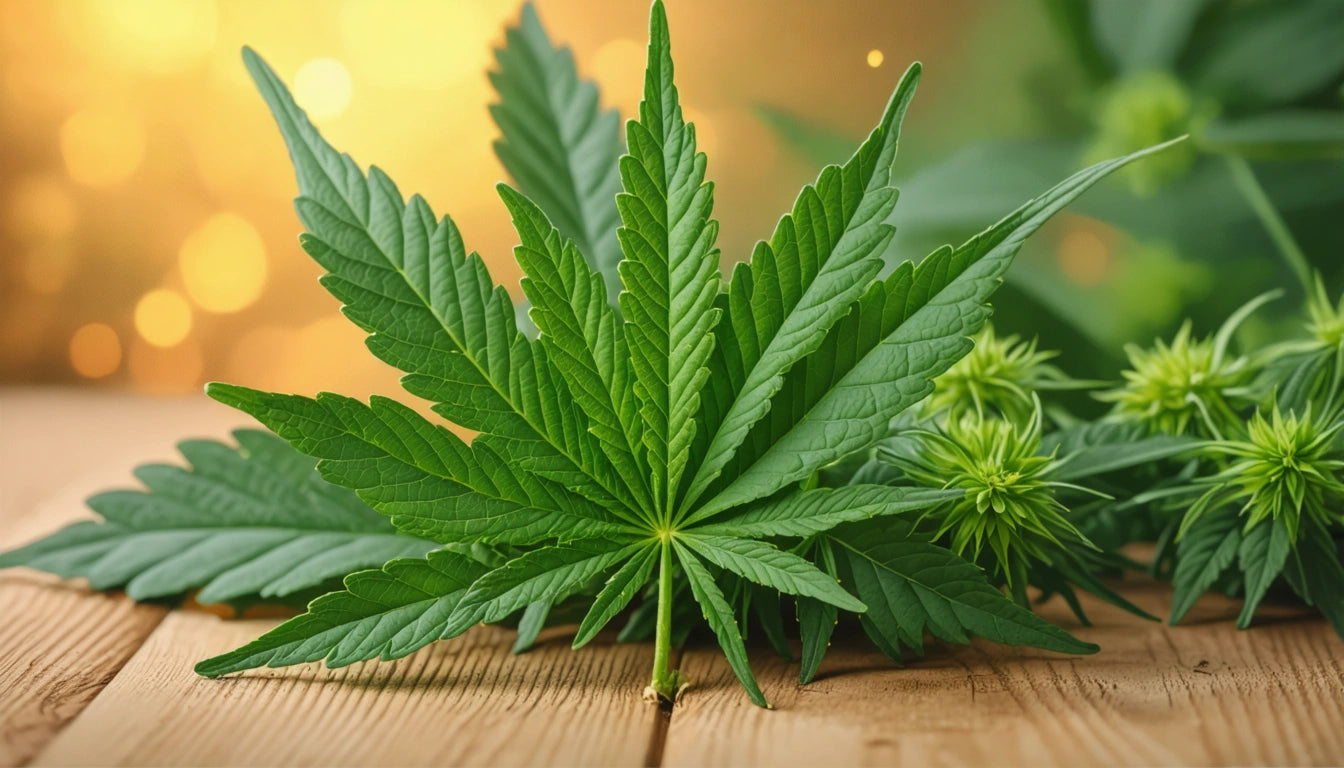 Green leaves with serrated edges on wooden surface, blurred golden lights in background