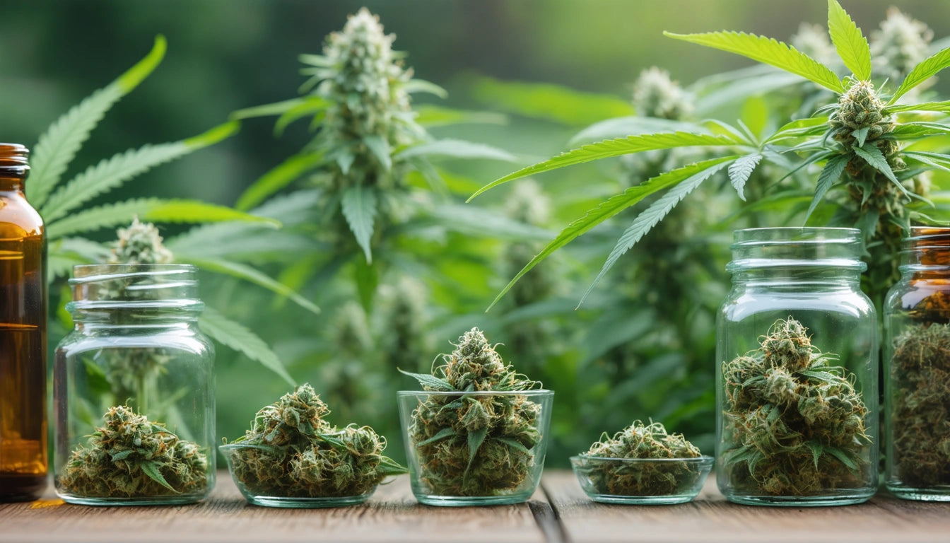 Glass jars filled with green buds on a wooden surface, surrounded by tall leafy plants in the background