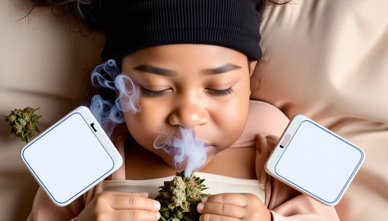 Child with closed eyes holding a plant, smoke rising, wearing a black headband. Two blank phone screens on either side