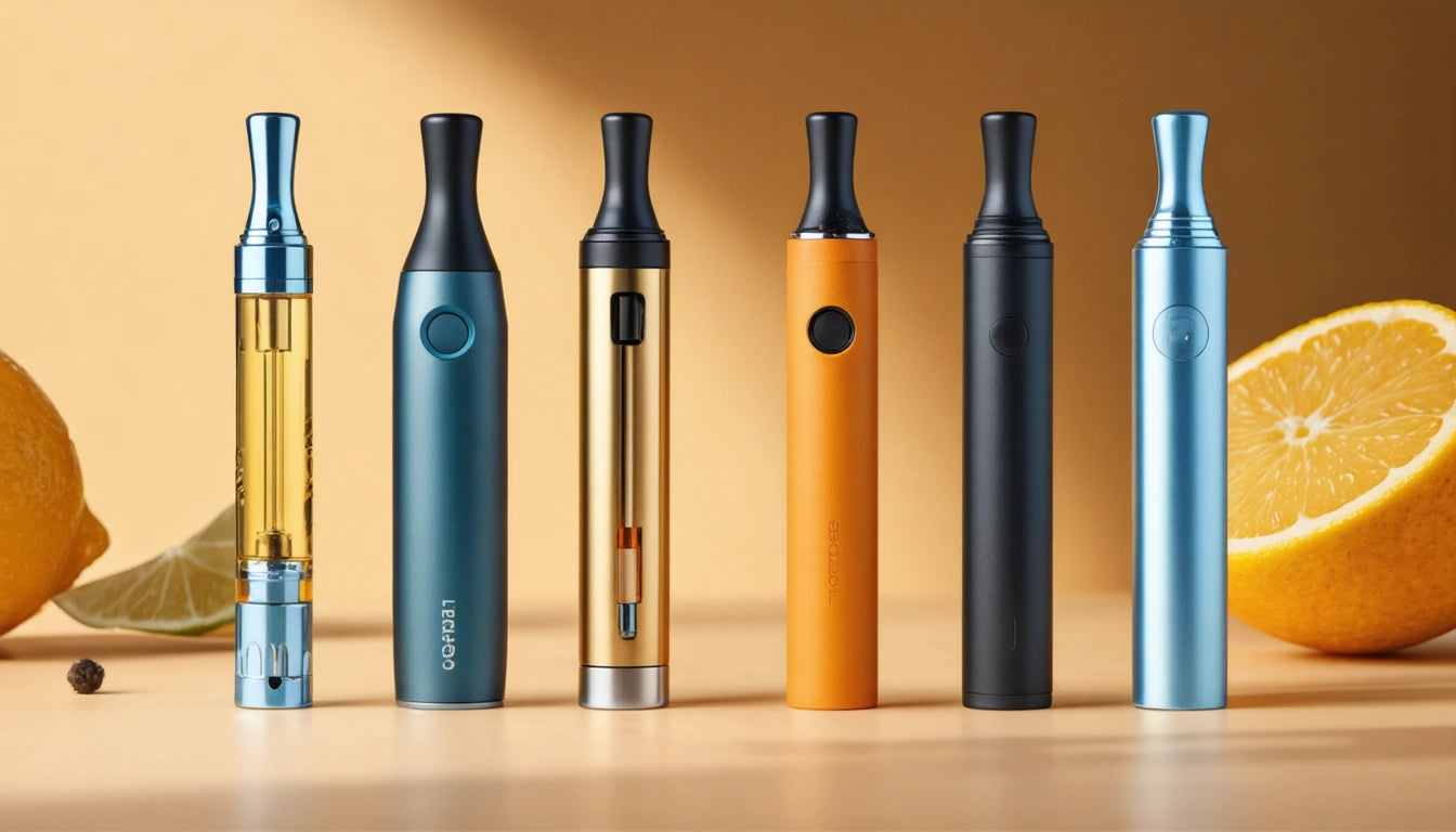 Six colorful vape pens standing upright on a beige surface, with lemon slices in the background