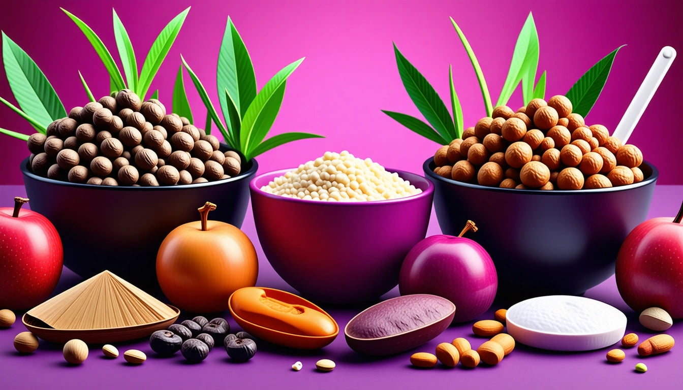 Three bowls with nuts and grains, surrounded by apples, leaves, and various seeds on a purple surface against a pink background