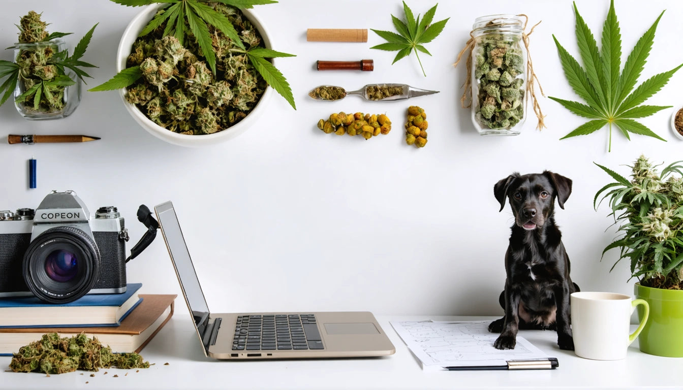Laptop on desk with camera, cannabis leaves, jars, and a small black dog sitting beside a coffee mug