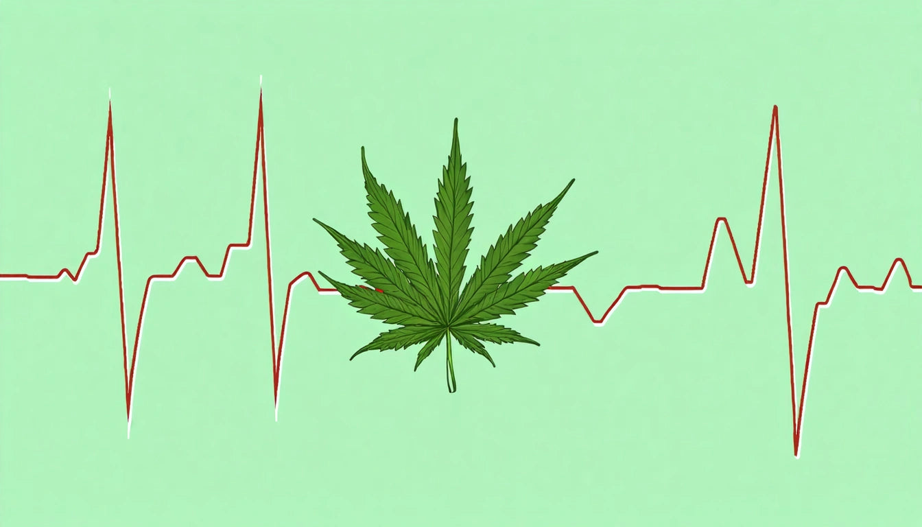 Green cannabis leaf centered on a red heartbeat line against a light green background