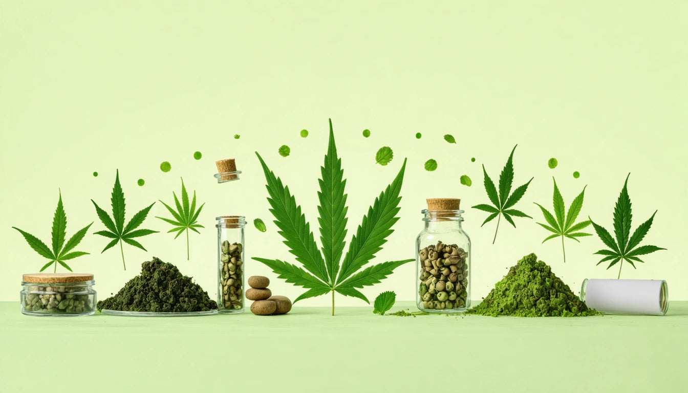 Green leaves, glass jars with seeds, piles of green powder, and scattered green dots on a light green background