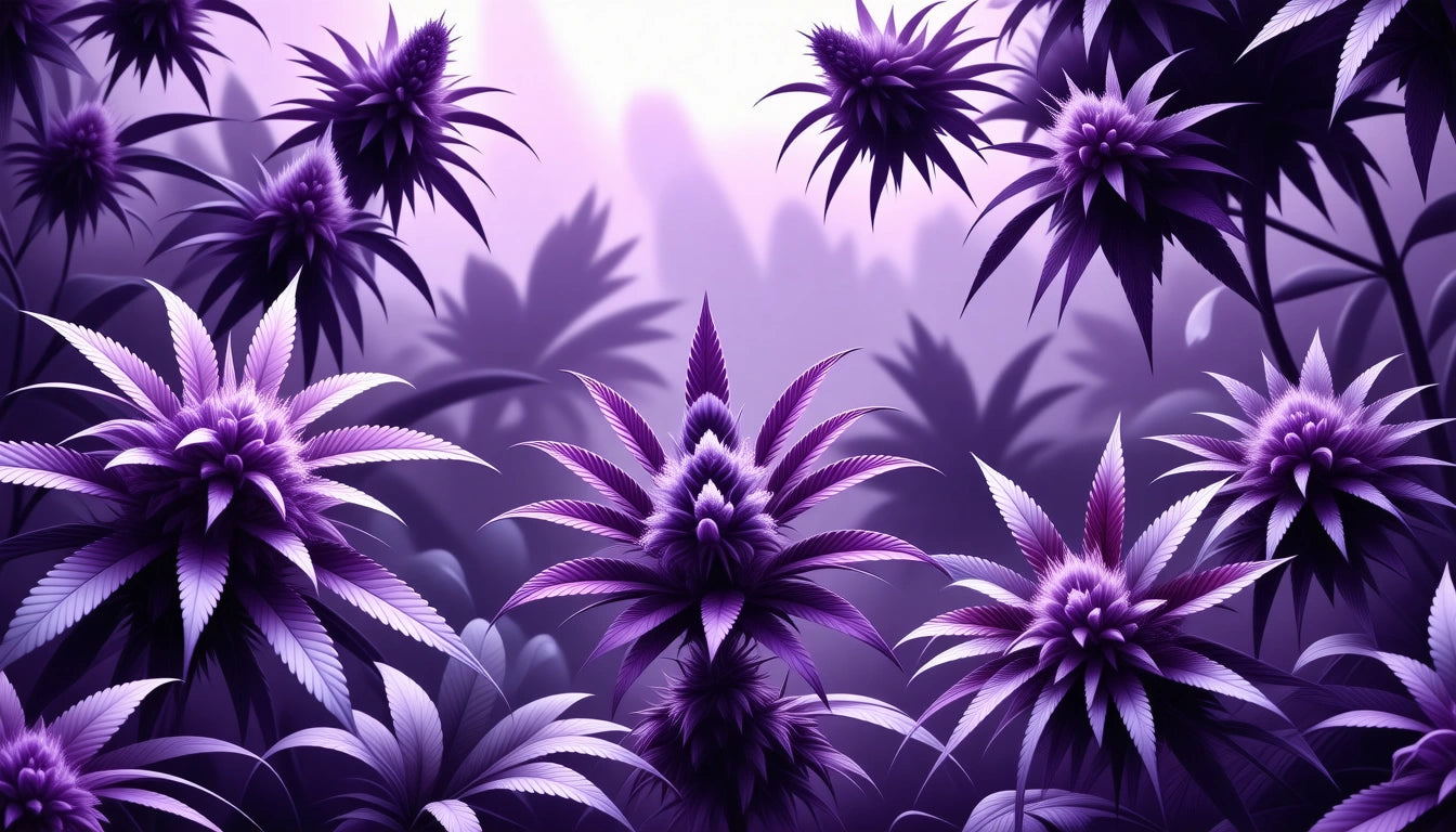 Purple and white spiky flowers with pointed leaves against a blurred purple and white background