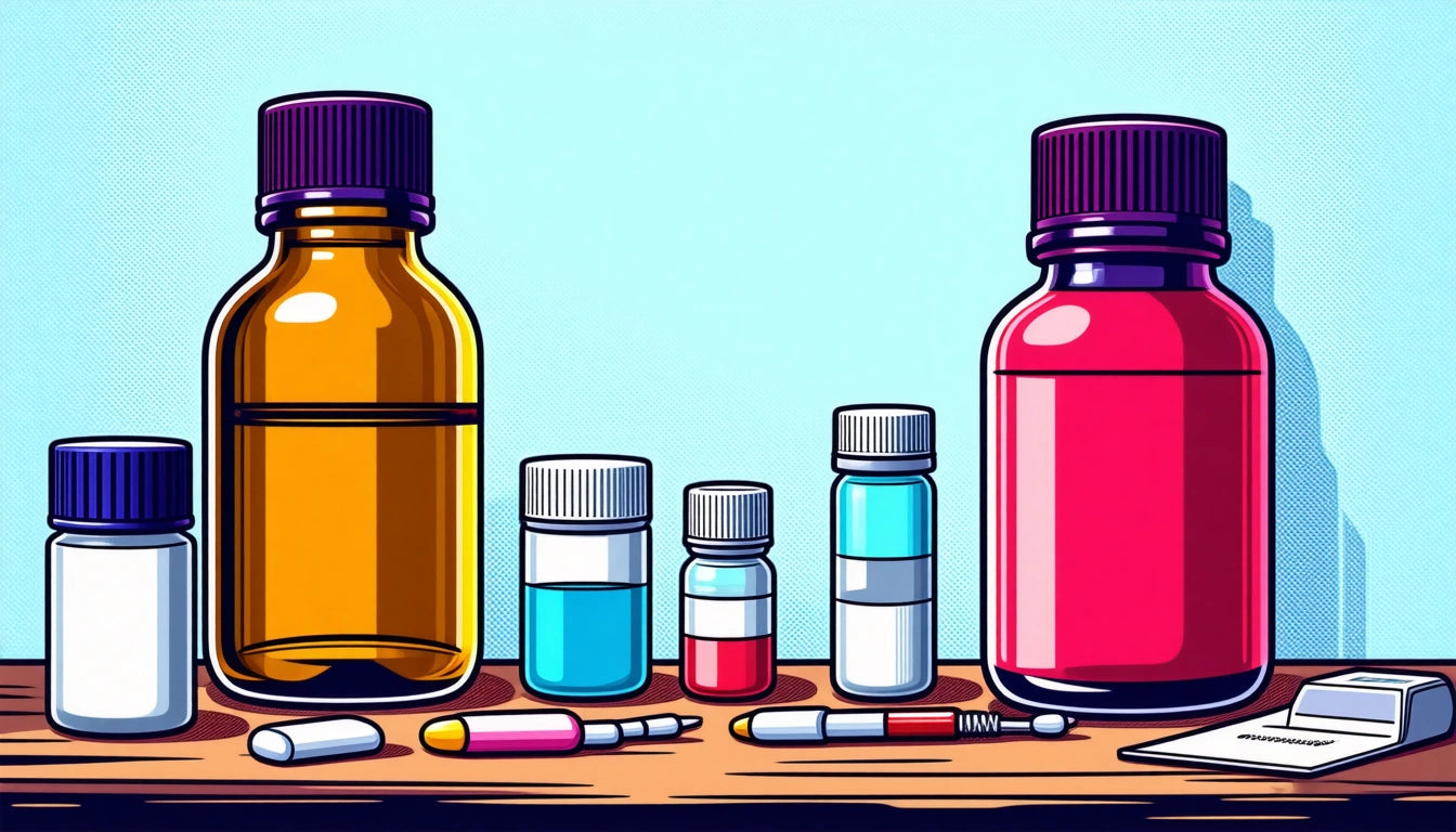 Various bottles and pills on a wooden surface, including amber and red bottles, small vials, and colorful capsules