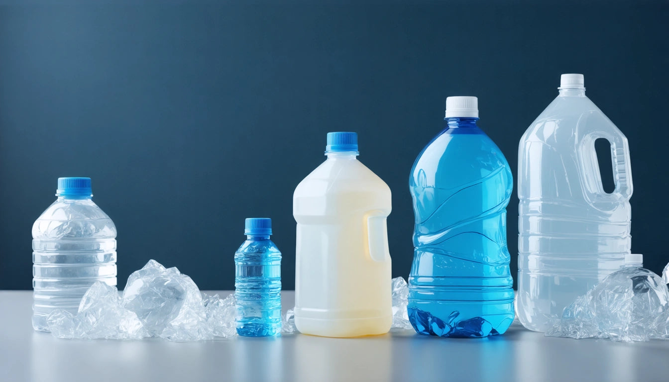 Plastic bottles of various sizes and colors, some filled with blue liquid, surrounded by crumpled plastic on a white surface