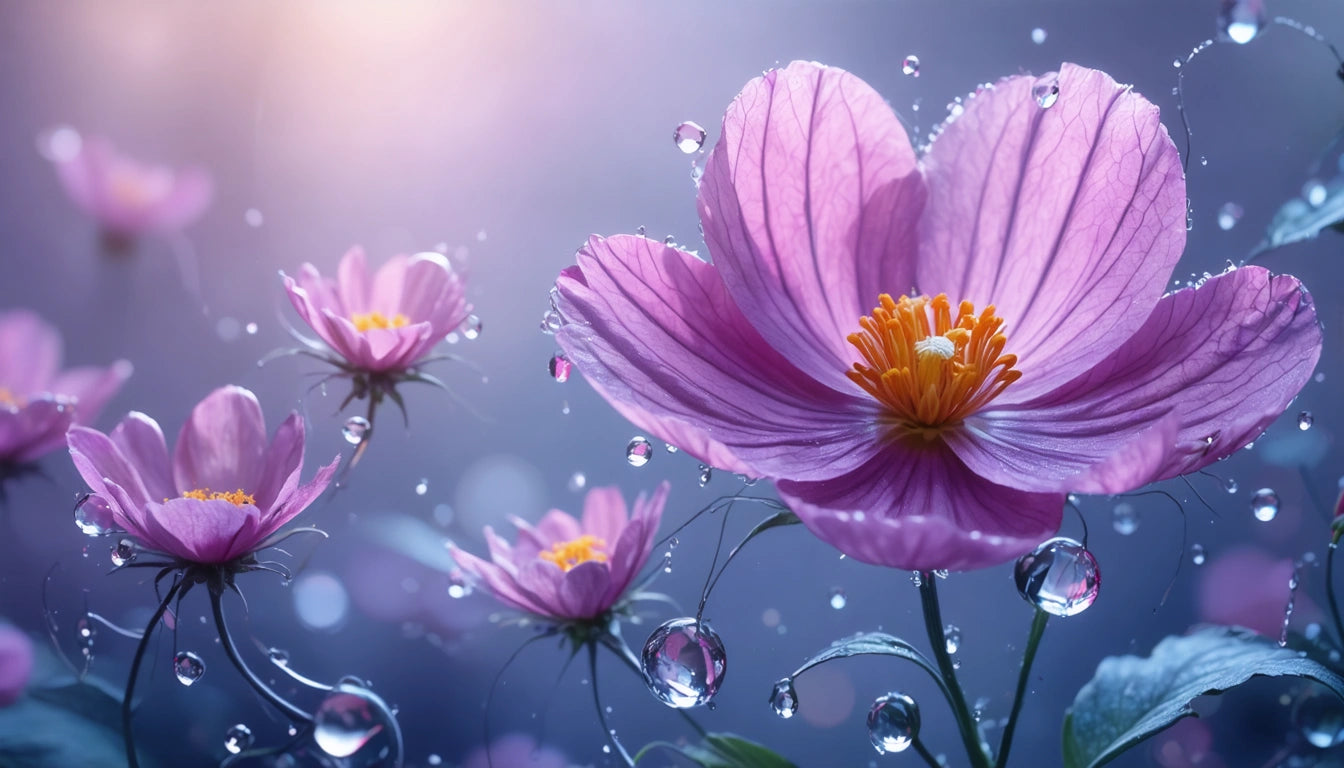 Pink flowers with yellow centers and water droplets on petals, set against a soft purple and blue blurred background