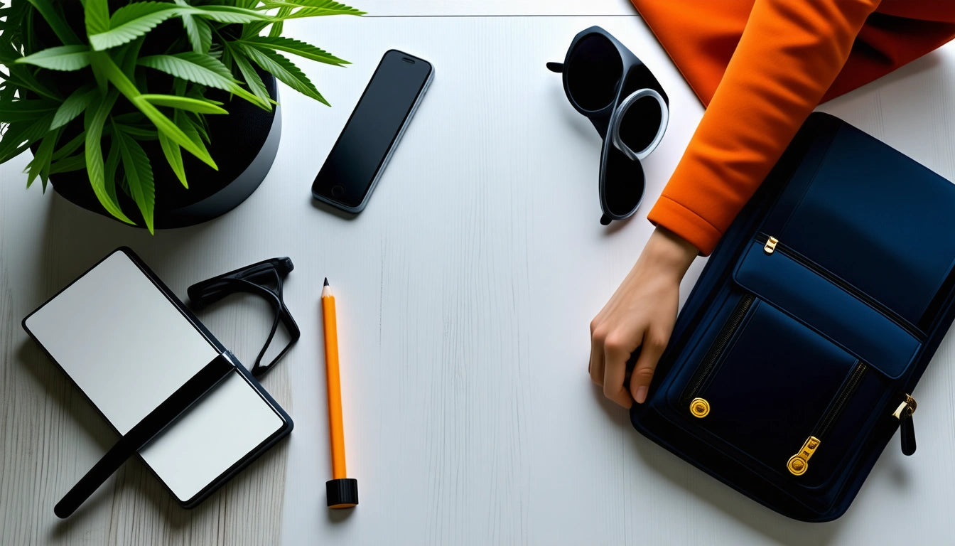 Hand reaching for blue bag on white table, surrounded by plant, smartphone, sunglasses, notebook, pencil, and glasses