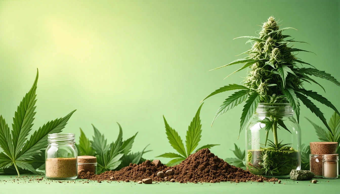 Glass jars with green leaves and soil, large plant with pointed leaves on right, green gradient background