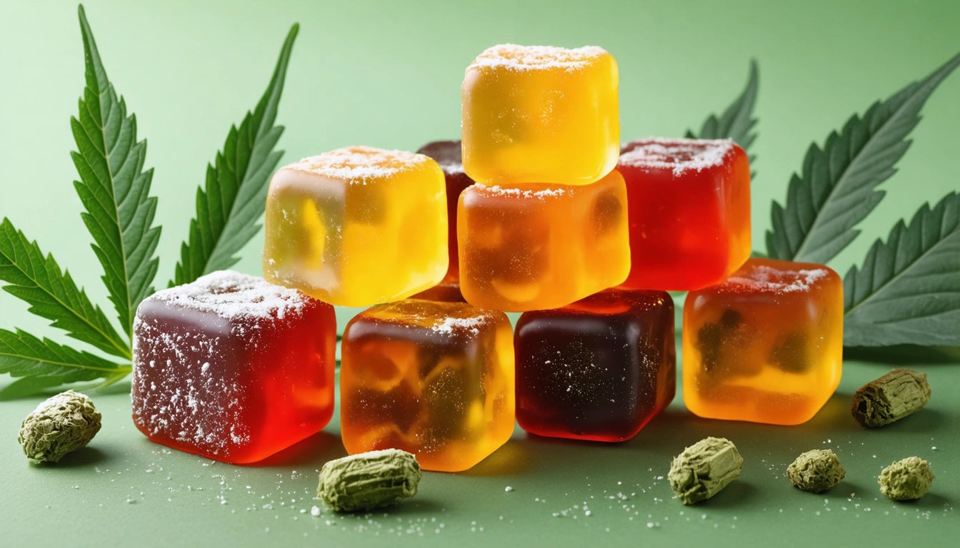 Colorful gummy cubes stacked on green surface, dusted with sugar, surrounded by green leaves and small green pellets
