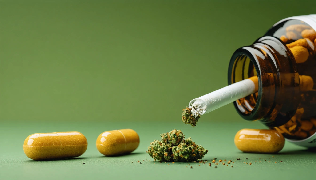 Brown bottle tipped over, spilling capsules and dried herbs onto green surface, with two capsules nearby