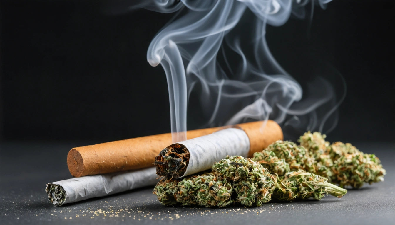 Two rolled cigarettes, one lit with smoke, next to cannabis buds on a dark surface