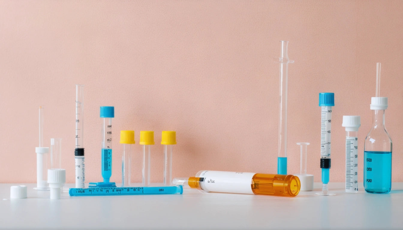 Various lab tubes and syringes with blue liquid, yellow caps, on a white surface against a peach background
