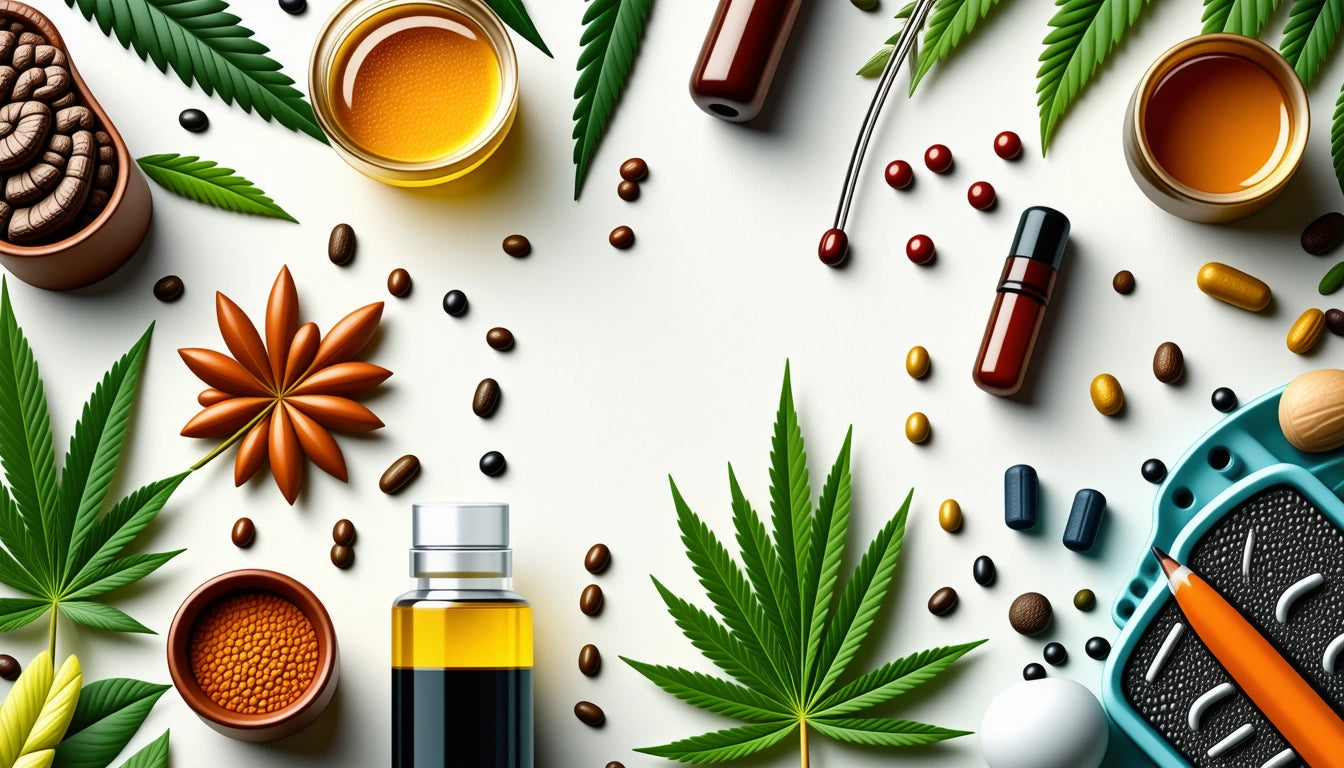 Assorted leaves, bottles, capsules, and seeds arranged on a white surface, with vibrant green leaves and scattered coffee beans