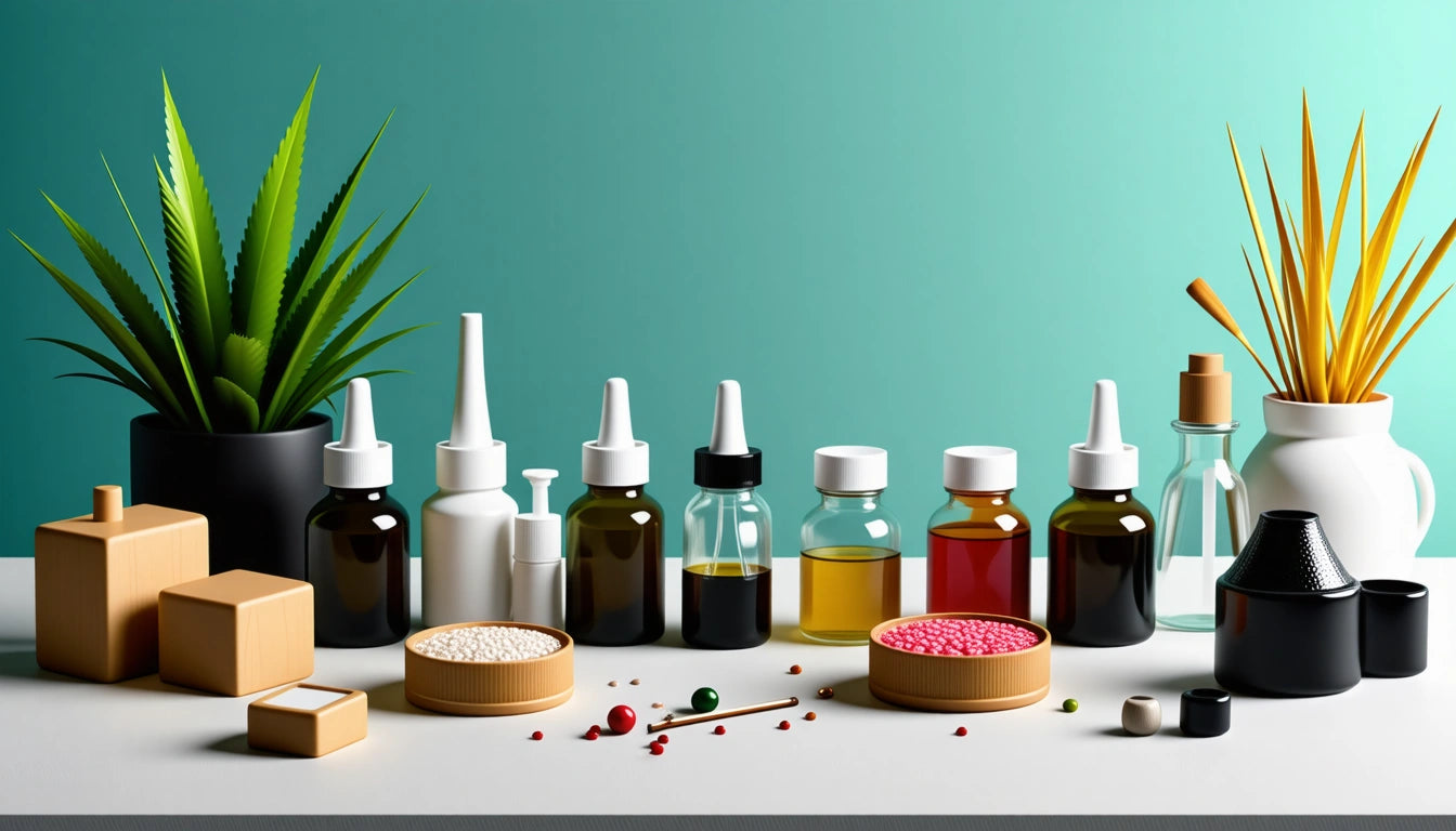 Various bottles and jars with liquids and powders on a table, alongside a potted plant and scattered beads, against a teal background