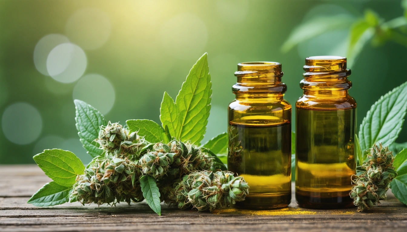 Two amber glass bottles with liquid, surrounded by green leaves and buds, on a wooden surface with blurred greenery in the background