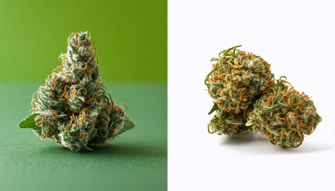 Two clusters of green and orange plant material on split green and white backgrounds