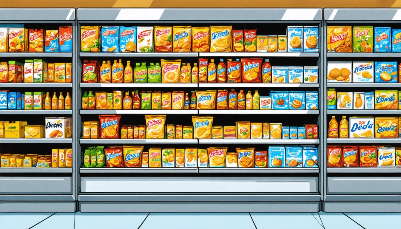 Store shelves filled with colorful packaged snacks, drinks, and condiments, neatly arranged in rows