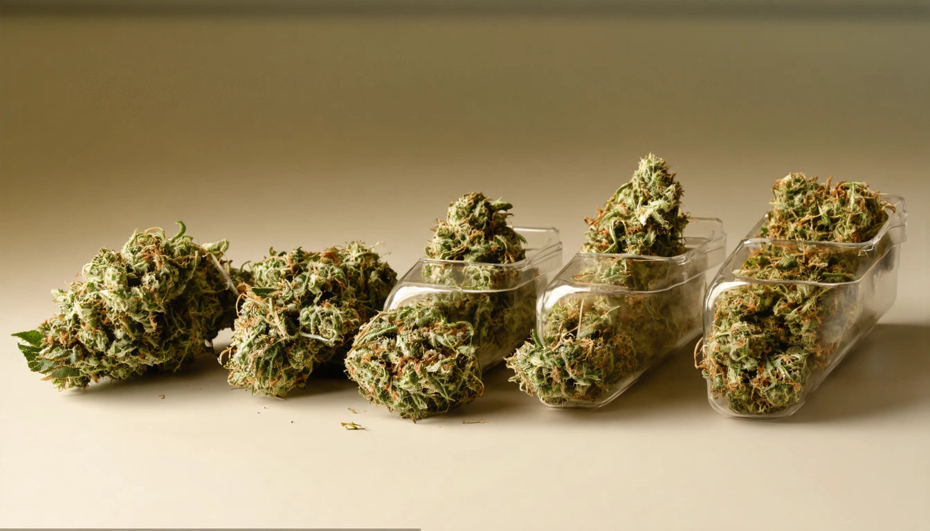 Several clusters of green, leafy plant material on a beige surface, some inside clear rectangular containers