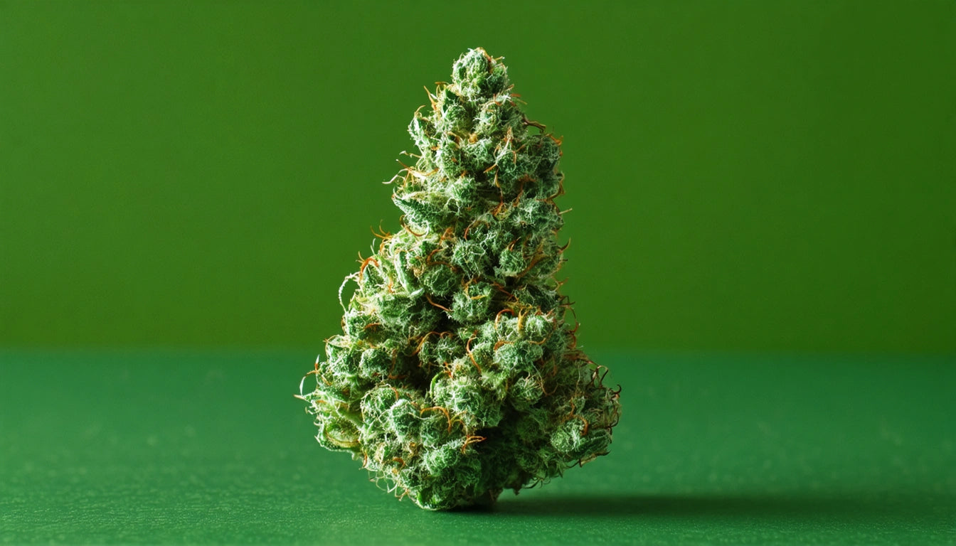 Dense green plant bud with orange hairs, standing upright on a smooth green surface against a solid green background