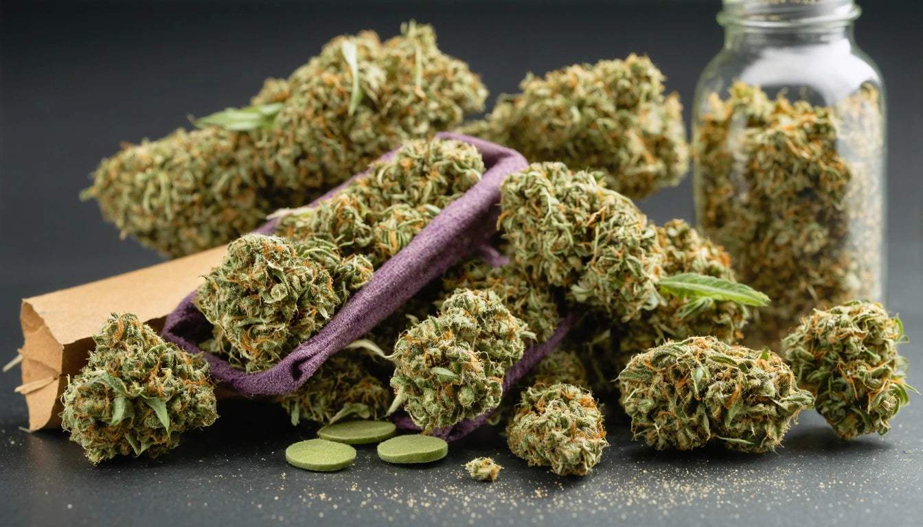 Dried green buds spilling from a purple fabric pouch, with a glass jar and two green tablets nearby on a dark surface