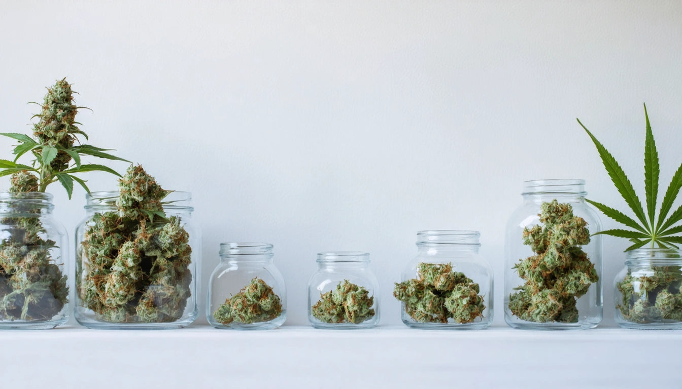 Glass jars filled with green, leafy buds and one with a cannabis leaf, arranged on a white surface against a plain background