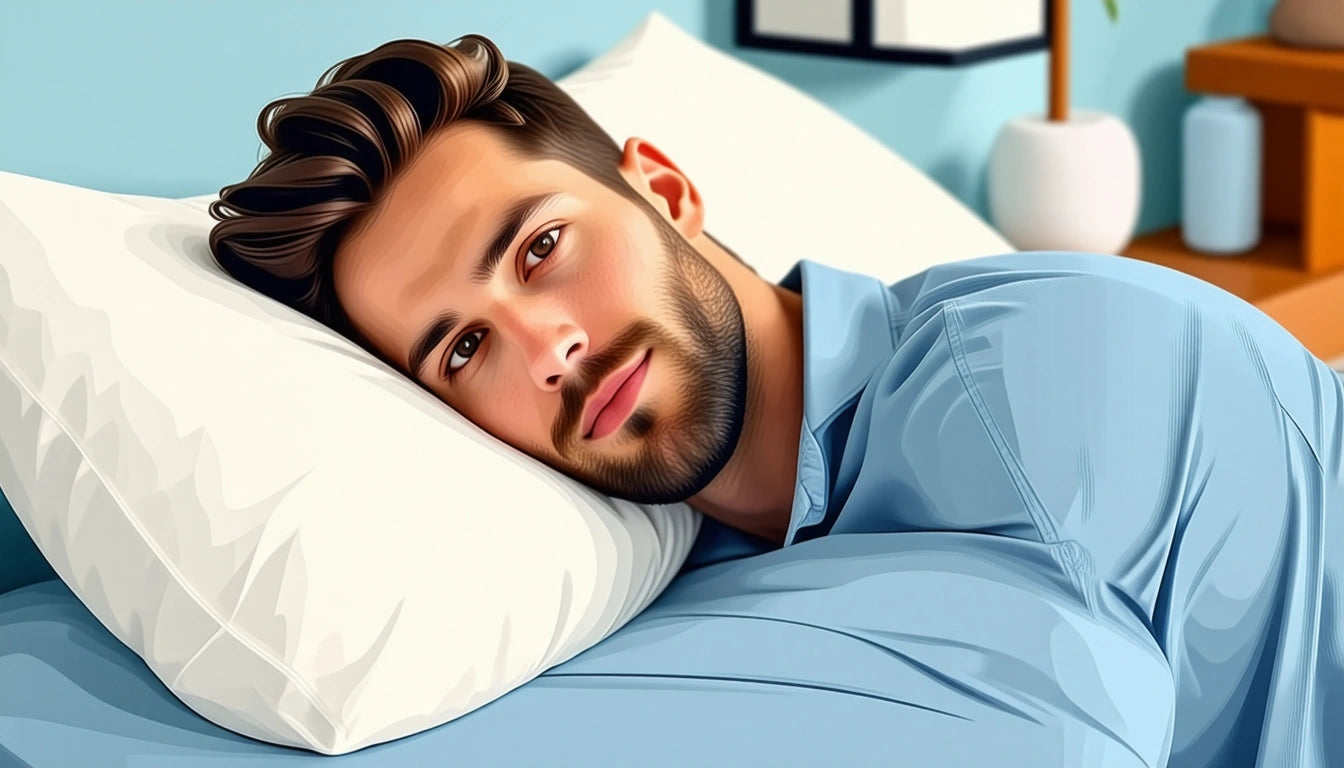 Man with brown hair and beard lying on white pillow, wearing blue shirt, in a room with light blue walls and a potted plant