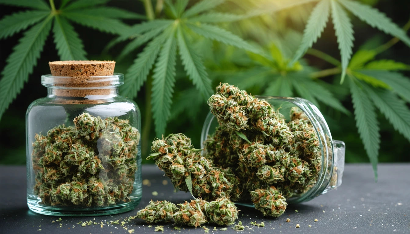 Glass jars filled with green, leafy buds on a dark surface, with large green leaves in the blurred background
