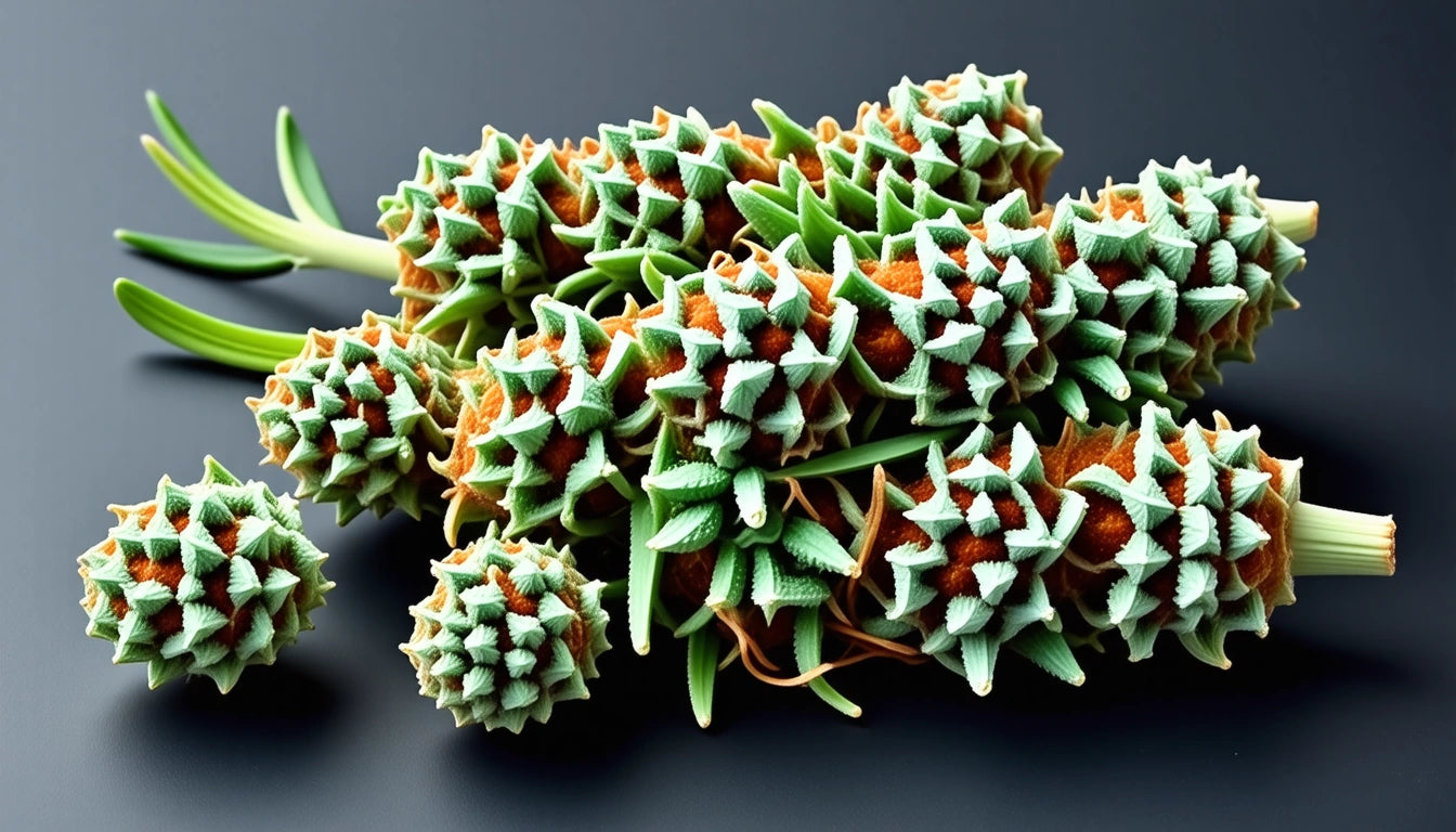 Cluster of spiky, geometric green and orange pinecone-like structures with long green stems on a dark surface