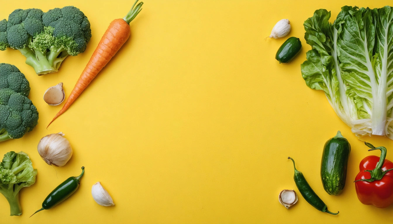 Broccoli, carrot, garlic, and jalapeños on left; lettuce, cucumber, garlic, and red bell pepper on right; yellow background