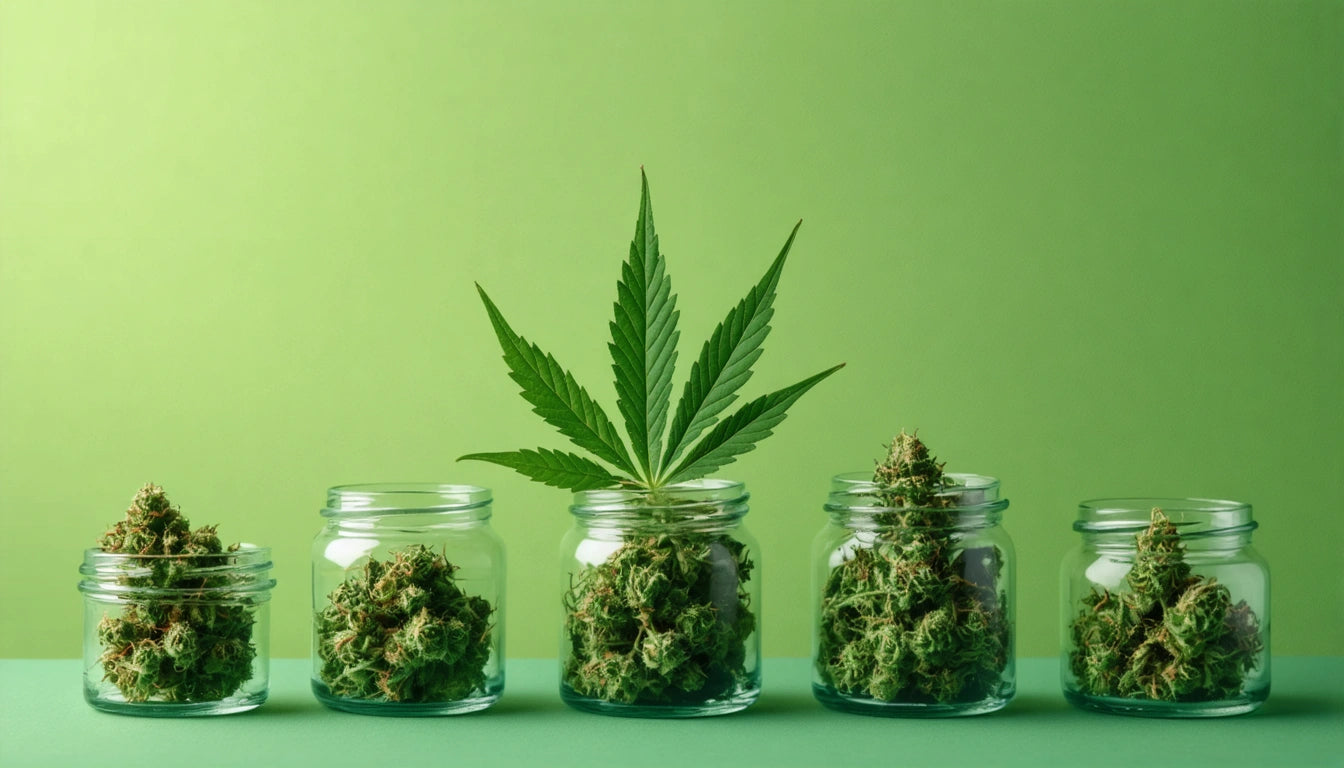 Five glass jars with green buds, one with a cannabis leaf, against a gradient green background