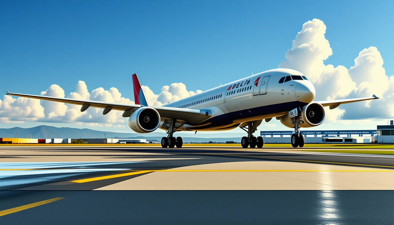 Commercial airplane on runway with blue sky and fluffy clouds, mountains in background, and airport buildings nearby