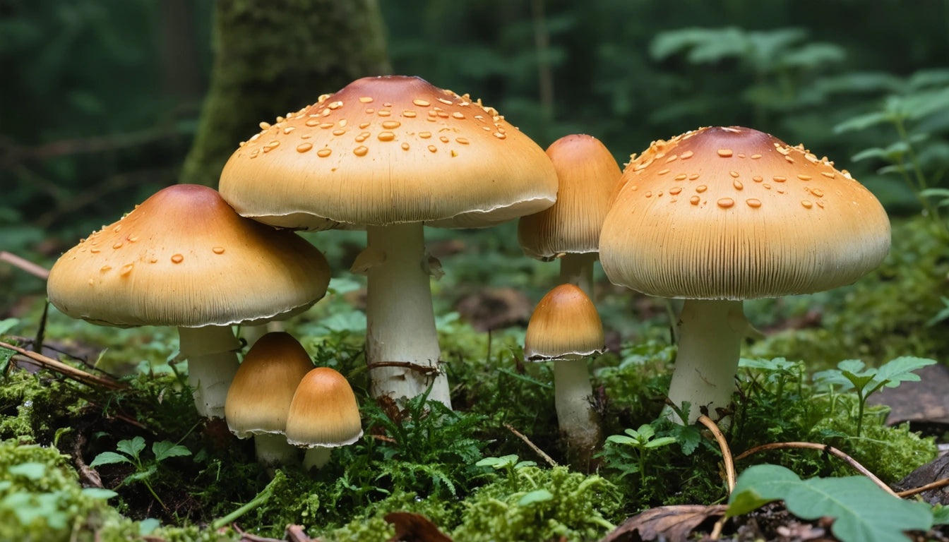 Cluster of orange-brown mushrooms with water droplets on caps, surrounded by green moss and foliage in a forest setting