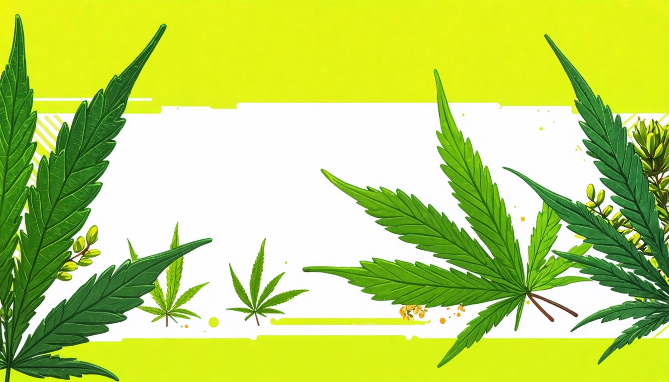 Green cannabis leaves of various sizes on a bright yellow background with a white rectangular center