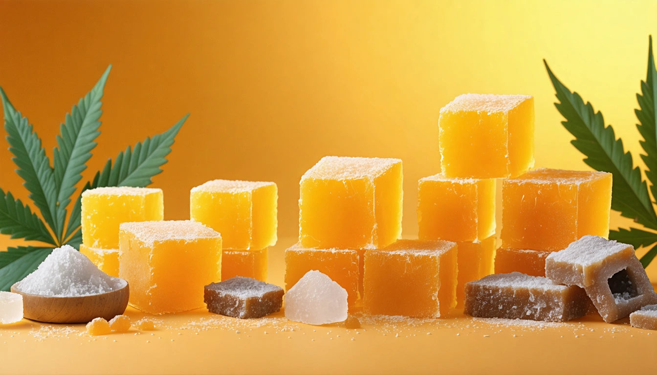 Orange sugar-coated cubes stacked on a yellow background, with green leaves and white crystals scattered around