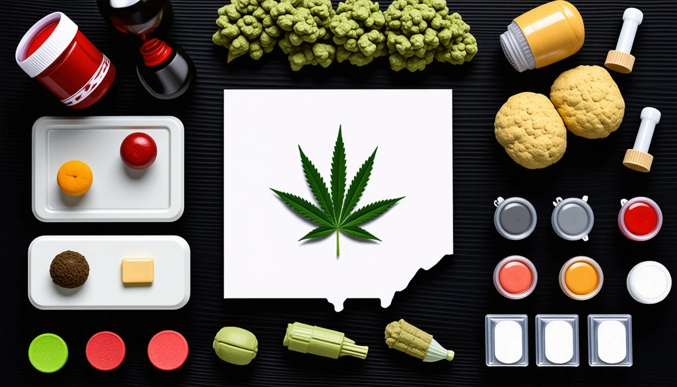 Green cannabis leaf on white paper, surrounded by colorful macarons, sauces, and condiments on a black surface