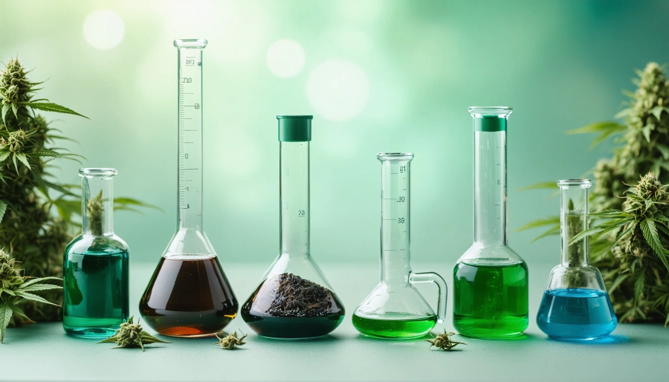Five glass beakers with colored liquids and substances, surrounded by green plants on a blurred green background