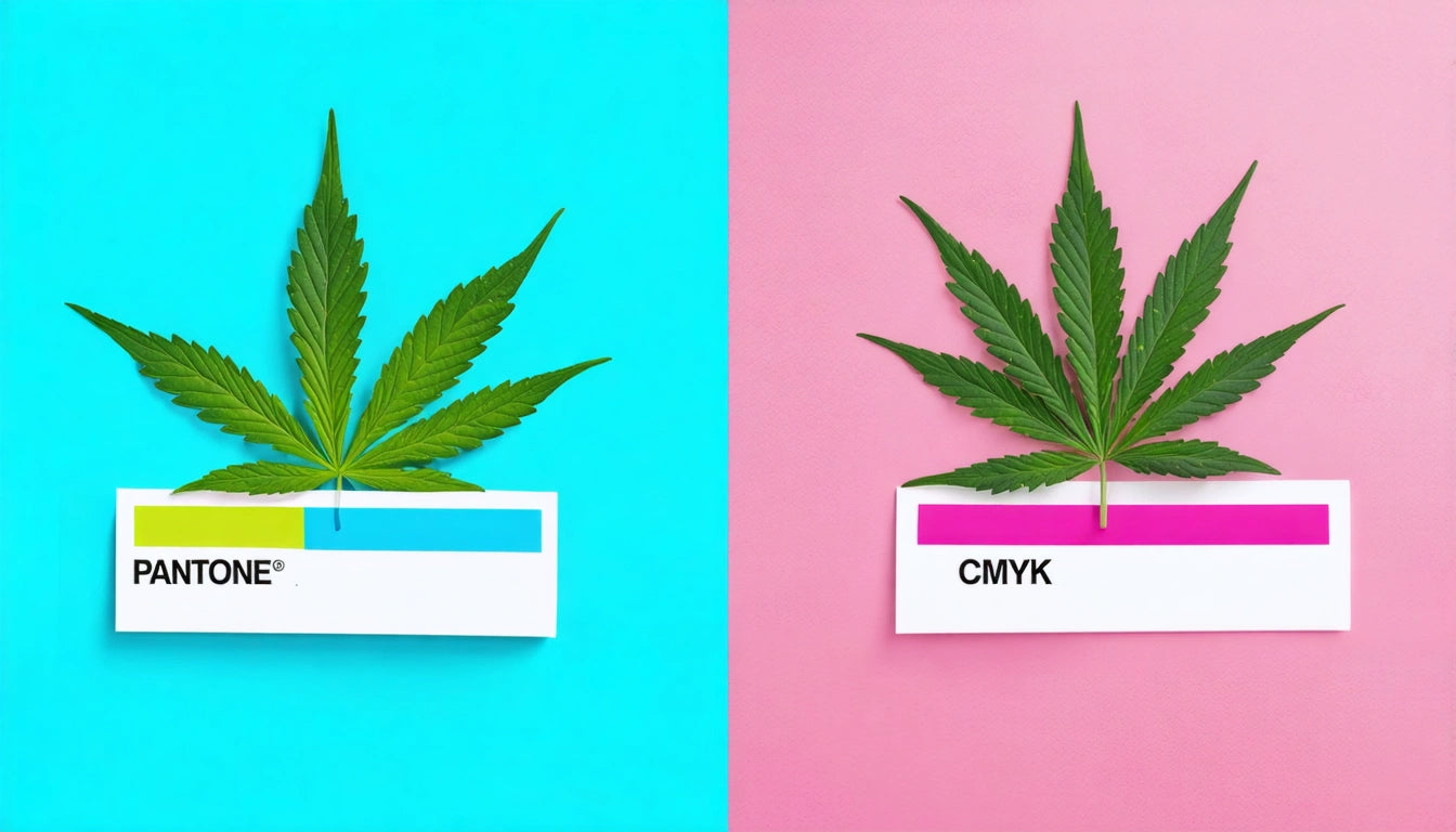 Green leaf on blue background with "PANTONE" label; green leaf on pink background with "CMYK" label