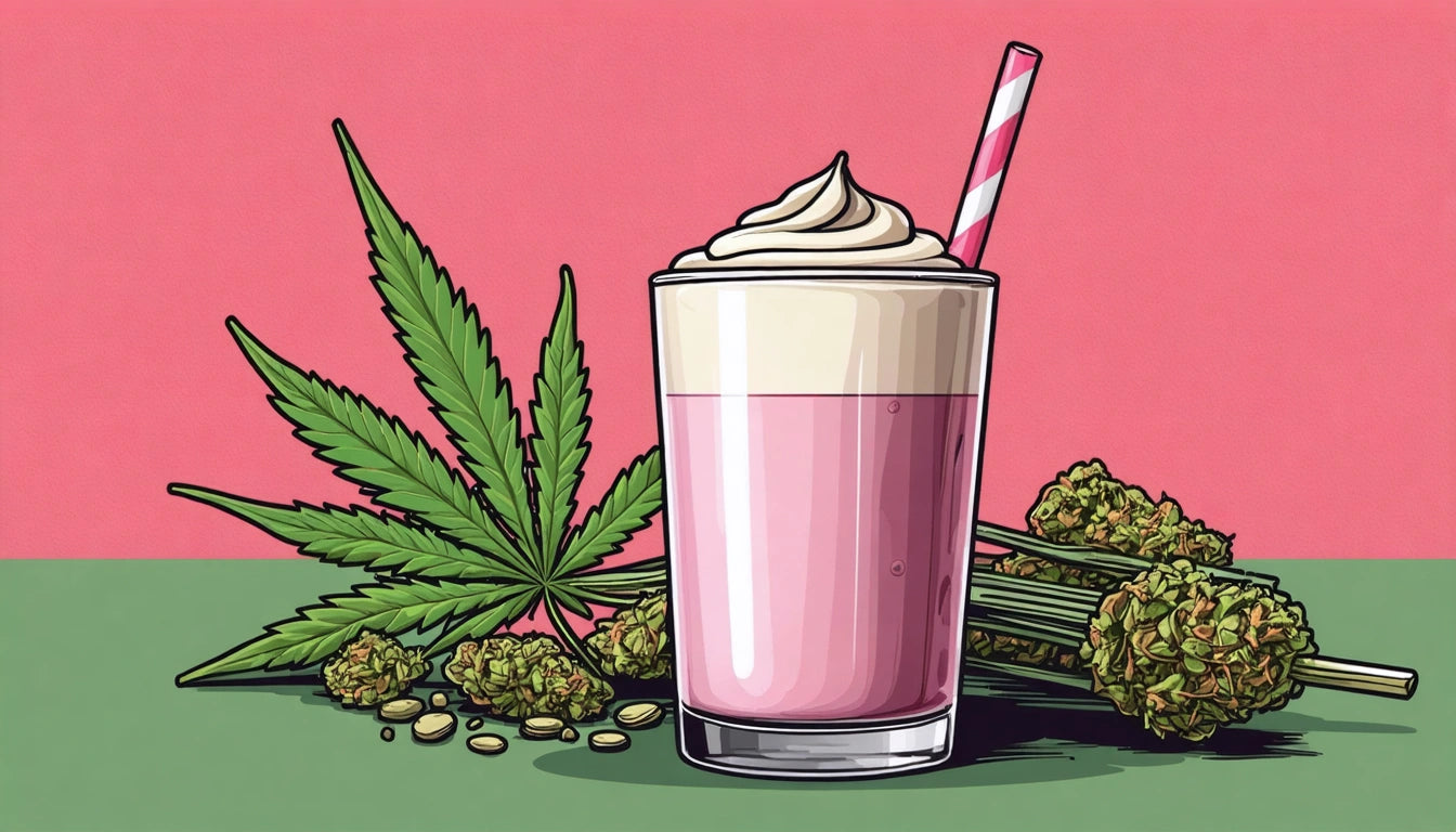 Pink milkshake with whipped cream and striped straw, surrounded by green leaves, seeds, and clusters on a pink and green background