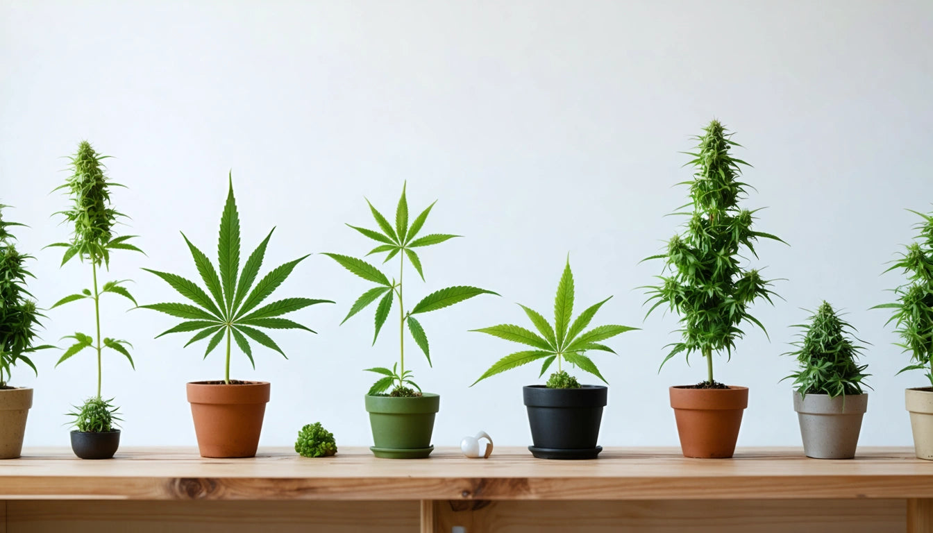 Five potted plants with large, pointed leaves on a wooden shelf against a plain white background