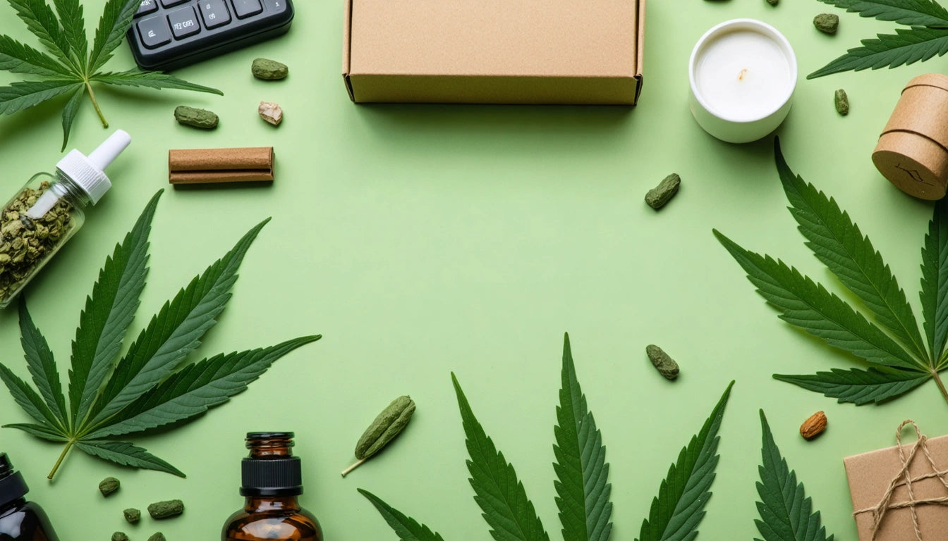 Green leaves, brown bottles, a candle, a cardboard box, and a keyboard corner on a light green background