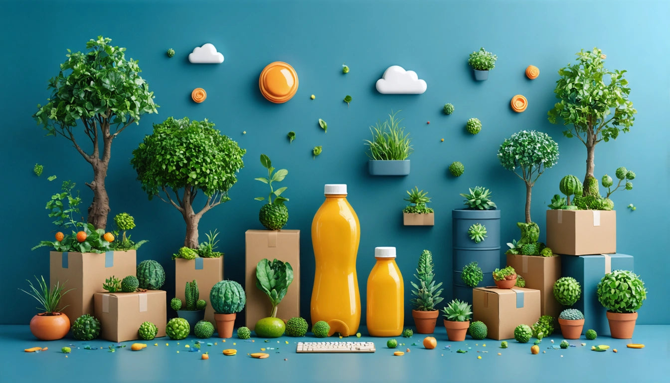 Orange juice bottles among potted plants and cardboard boxes on blue background with floating clouds and sun