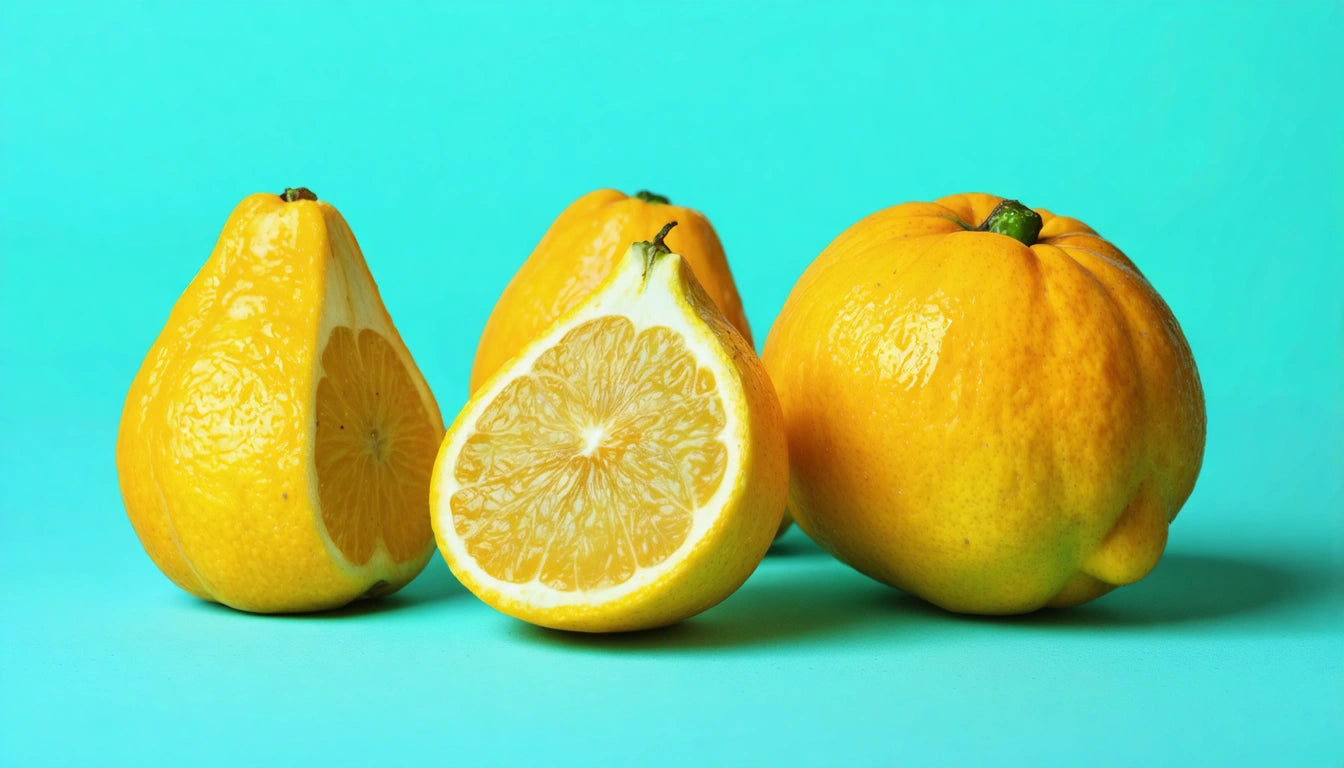 Three large yellow citrus fruits, one sliced to show the interior, on a bright turquoise background