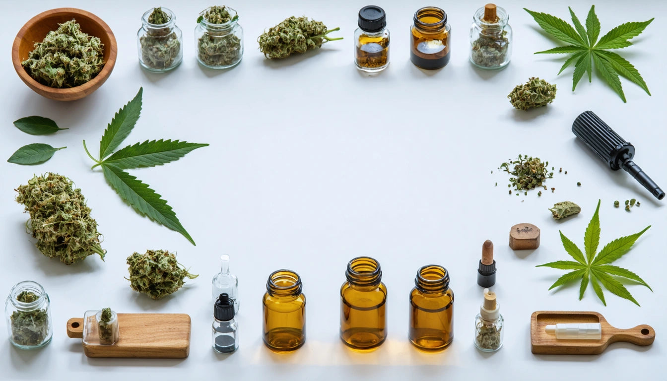 Glass jars, amber bottles, cannabis leaves, and buds arranged in a rectangle on a white surface