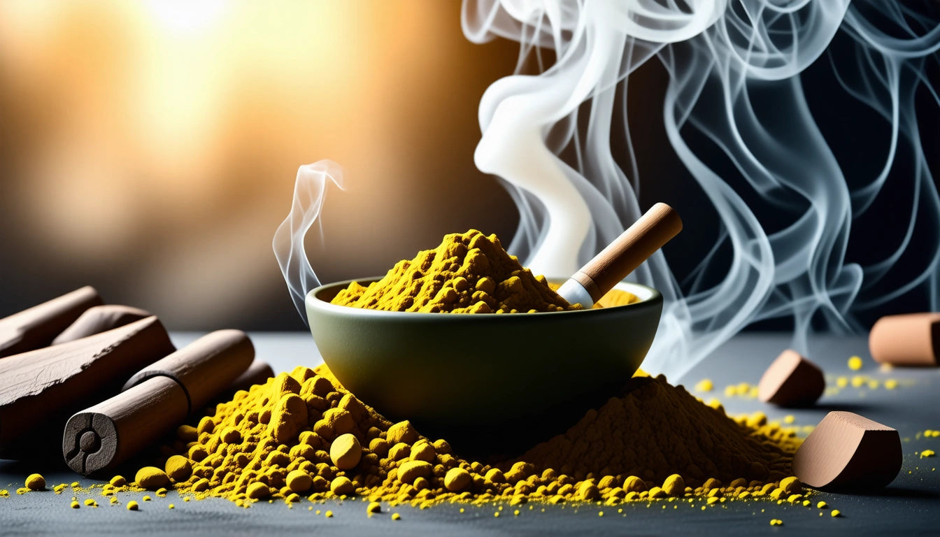 Yellow powder in a dark bowl with a wooden spoon, surrounded by smoke and scattered powder, warm lighting in the background
