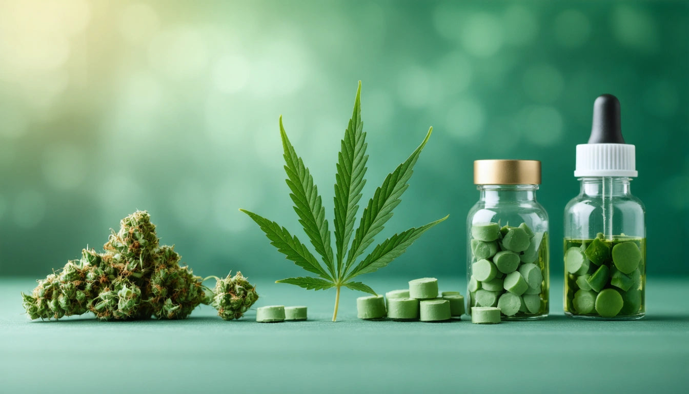 Green cannabis leaf, glass jars with green pills, dropper bottle, and cannabis buds on a green surface with blurred background
