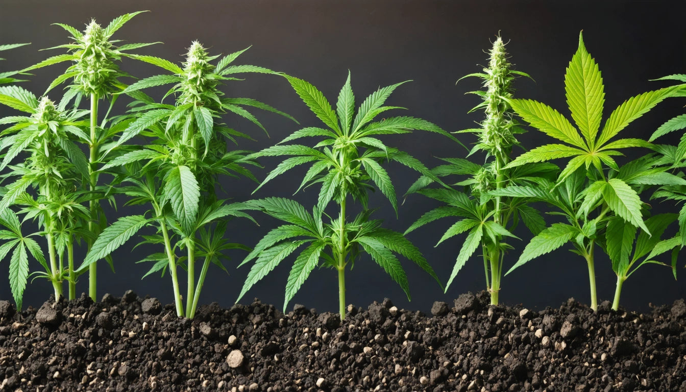 Five green plants with serrated leaves and buds growing in dark soil against a dark background