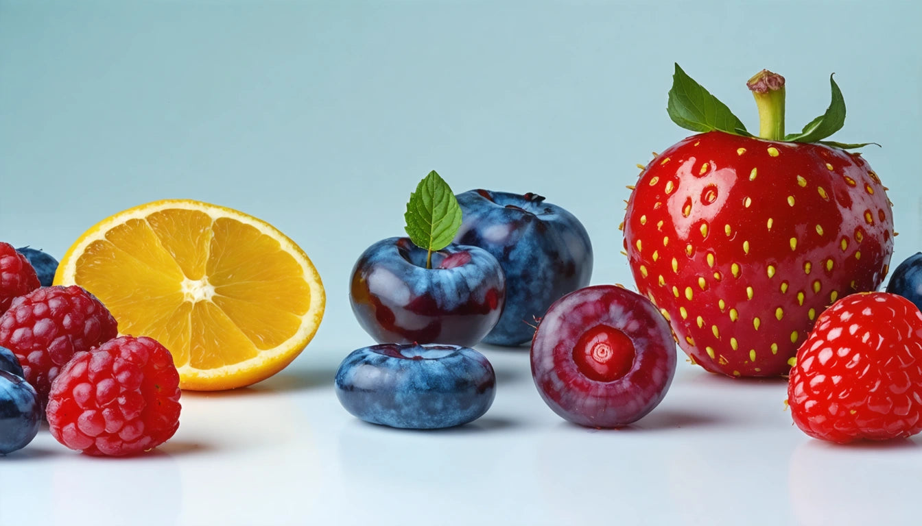 Strawberry, raspberries, blueberries, and half an orange on a light blue background